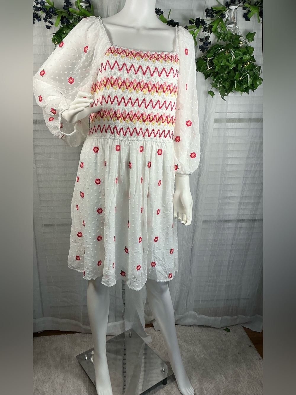Savanna Jane White Midi Dress with Pink and Gold Embroidery